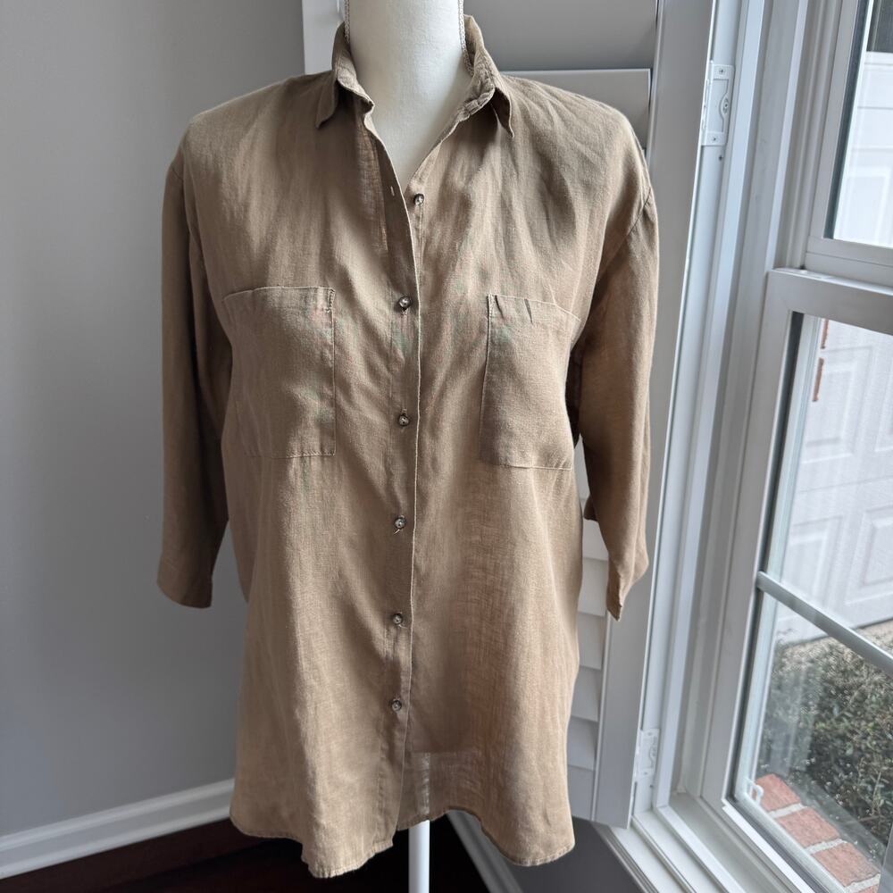 T AND N MIAMI Khaki Linen Tunic Top Size S 100% Baird Irish Handkerchief Linen